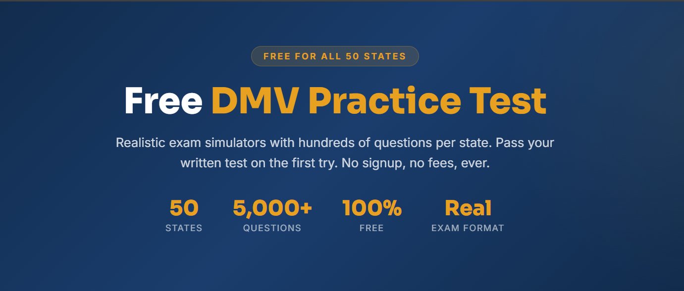 Free online DMV practice test 2026 — choose your state from 19 available US states